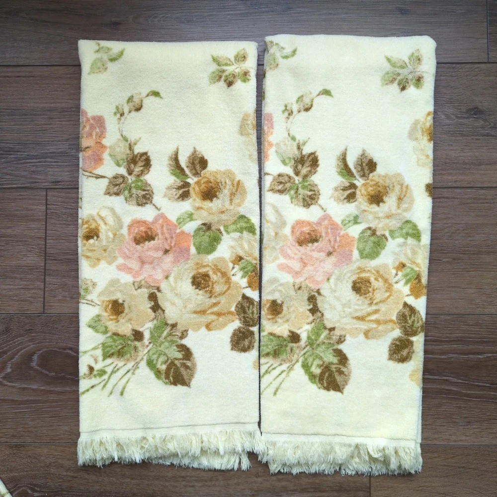 Vintage Cannon Royal Family 4pc Towel Set‎ Yellow Floral Rose Fringed Bath Hand
